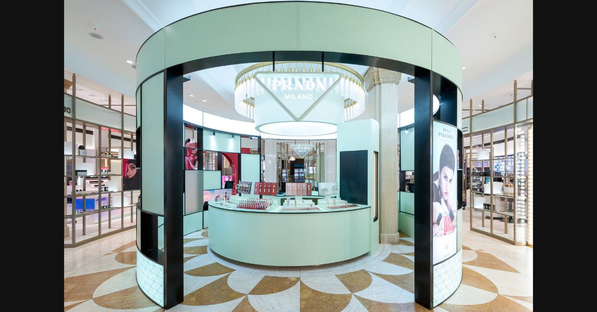 Front side of Prada shop with laser cut flat pack form with curved structure